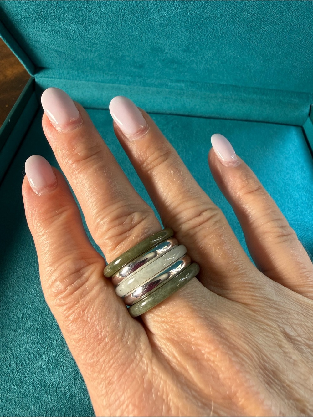 Sterling Silver 925 & Genuine Jade 5-Piece Stacking Ring Set Size 8